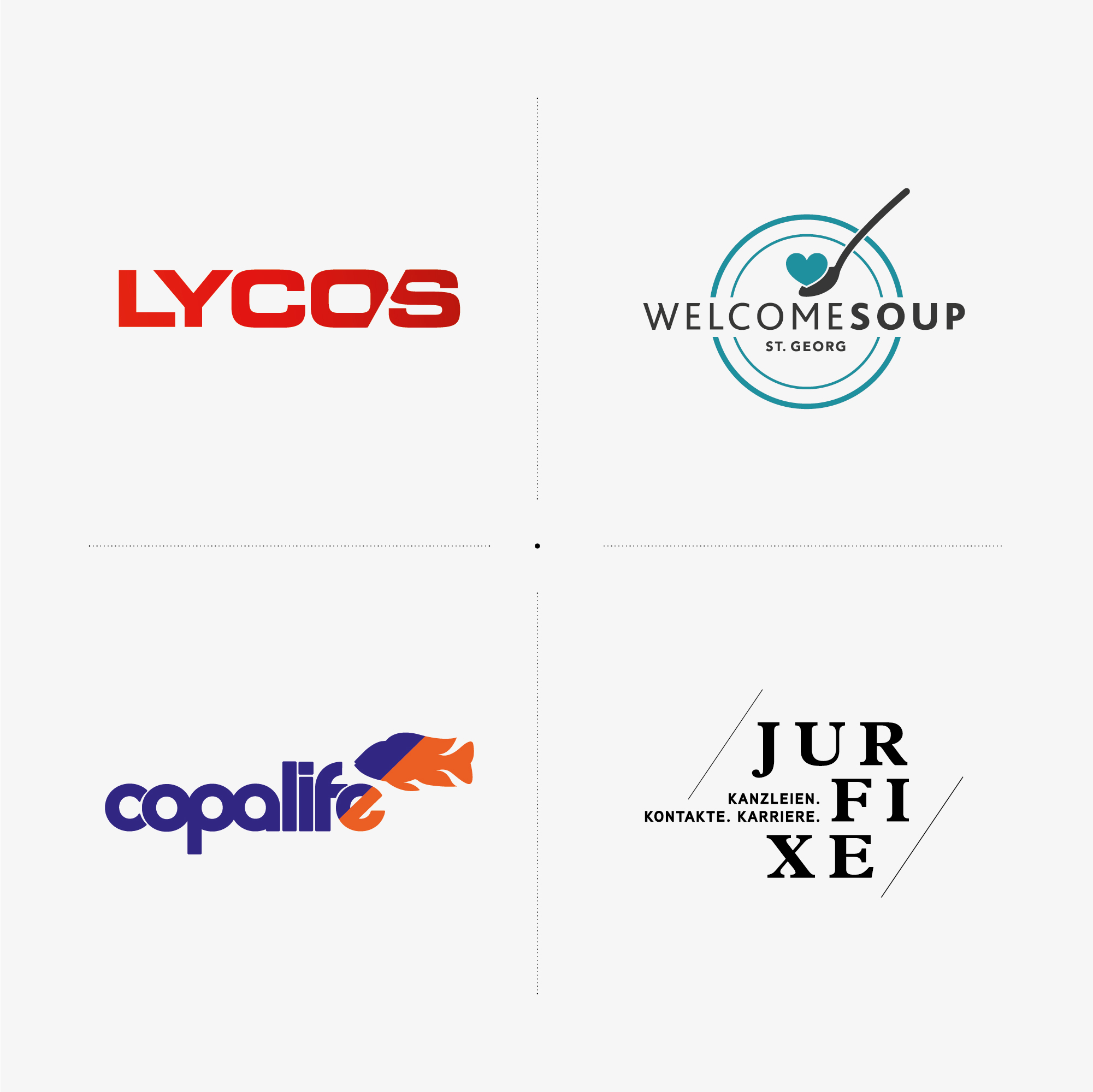 Vier ausgewählte Logos aus Kundenprojekten – Beispiele für individuelle Markenentwicklung.