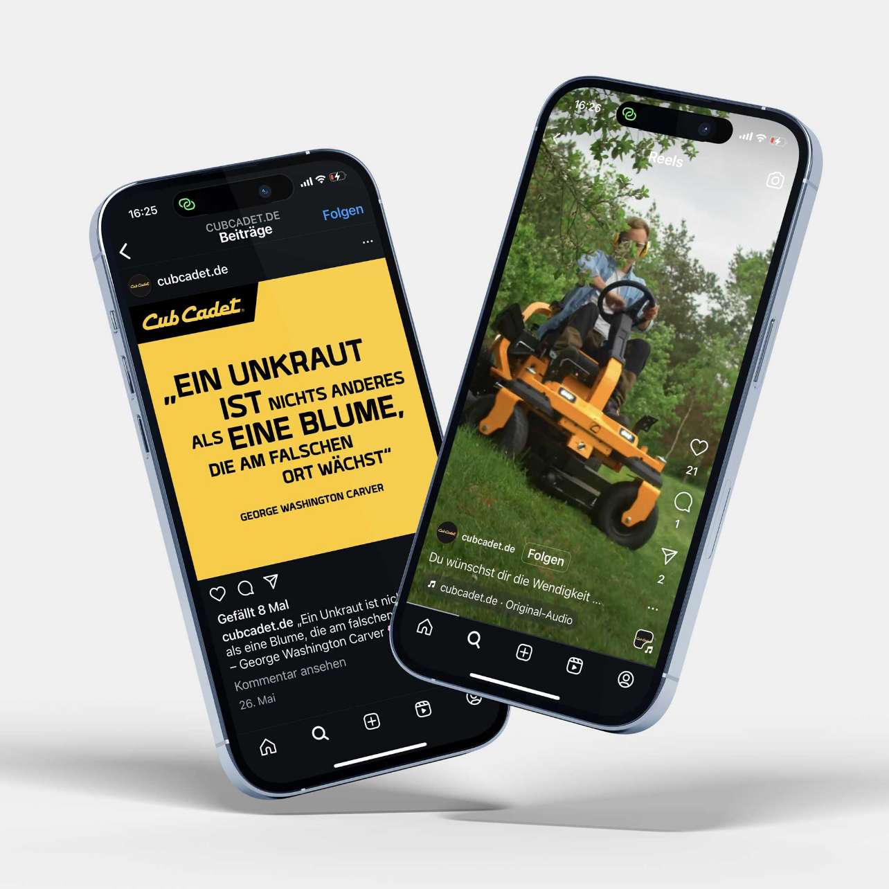 Zwei Smartphones mit Cub Cadet Social Media Content – Text-Slide und Mäher in Aktion.