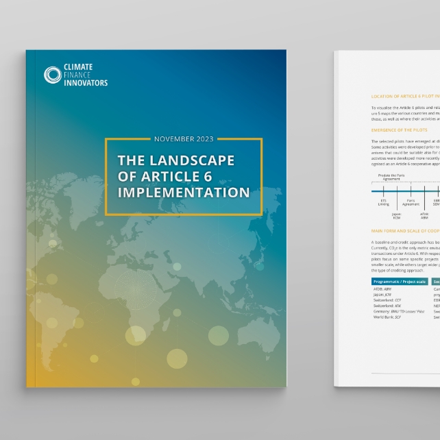 Gestalteter Bericht für Climate Finance Innovators mit Weltkartenmotiv und Infografiken im Innenteil.