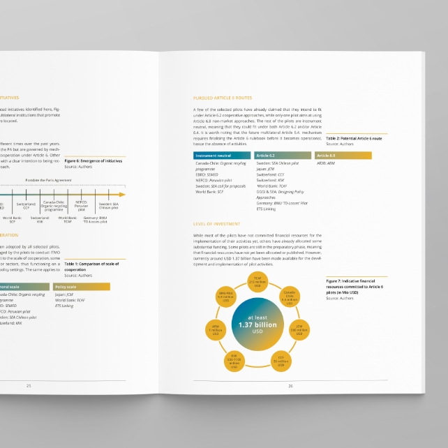 Innenseite eines Berichts mit Infografiken, Tabellen und Schaubild zur Struktur von Klimafinanzierungsprozessen.