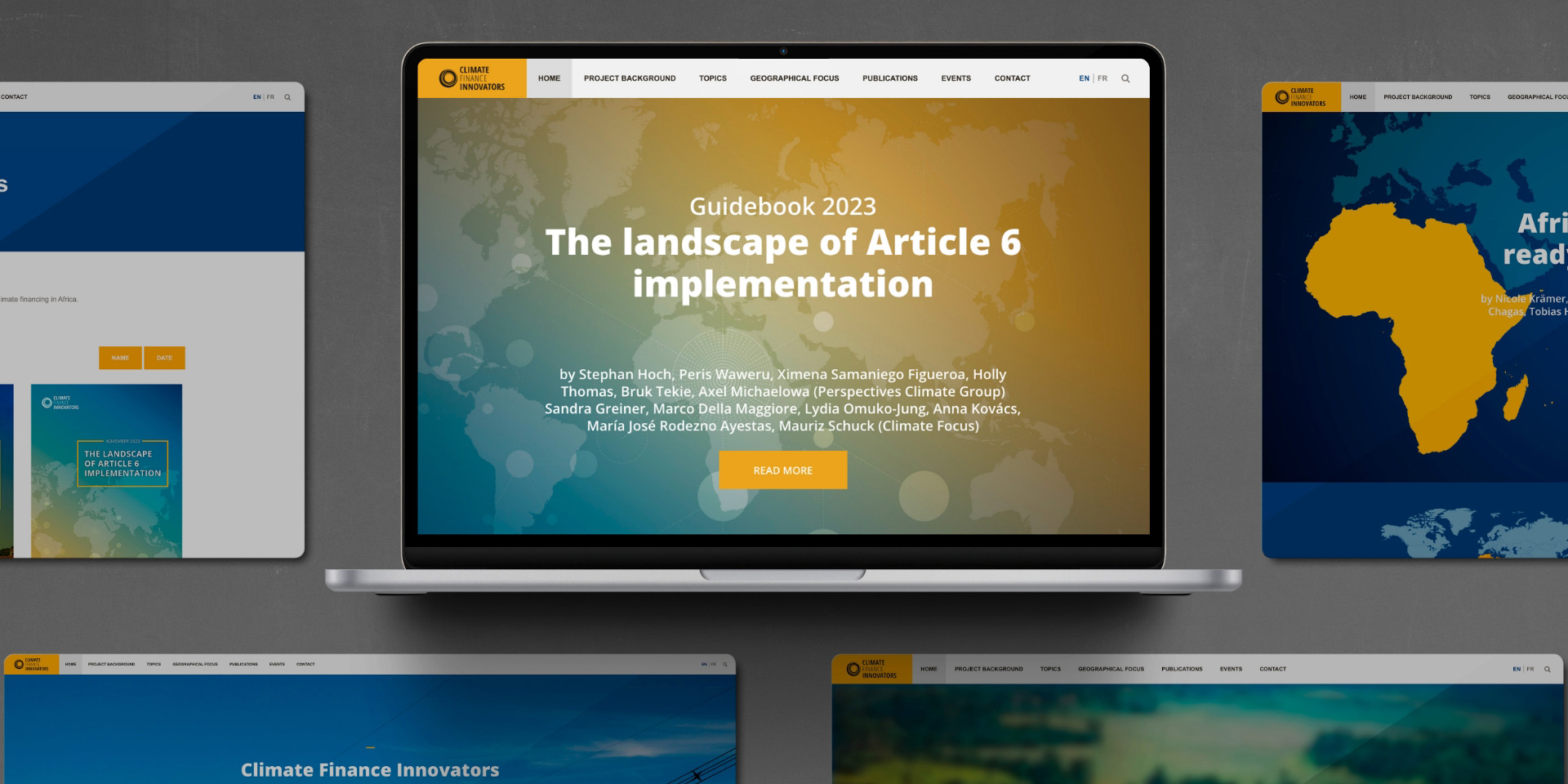 Mockup der Website von Climate Finance Innovators – responsives Design mit Weltkarte und Fokus auf Afrika.